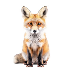 Portrait of a red fox sitting calmly against a plain background in a studio setting showcasing its vibrant fur and piercing eyes