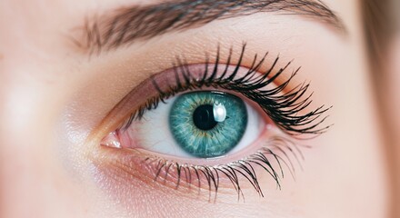 Obraz premium Captivating Turquoise Eye Close Up with Dark Eyelashes on Soft Gradient Background for Adobe Stock