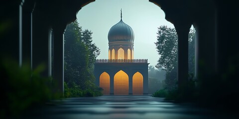 Mosque Architecture with Dome and Arches Viewed Through Stone Colonnade