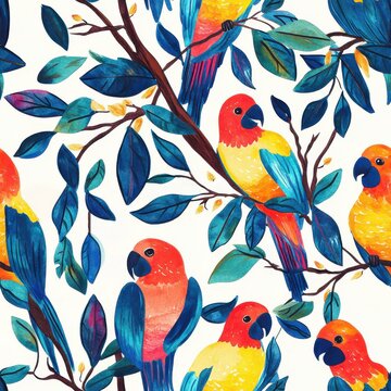 Watercolor parrots and tropical leaves - Seamless pattern of exotic birds perched on branches with blue and gold leaves, perfect f