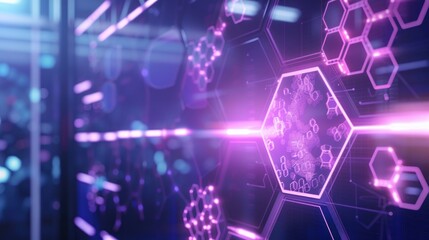 Fototapeta premium Biotech concept with hexagon icons and molecules stock photo --ar 16:9 --raw --v 6 Job ID: 9f60aebc-abe7-4cad-998b-1d225dfa1f0e