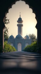 Mosque Seen Through Archway with Pathway and Lush Greenery