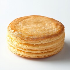 Golden Round Puff Pastry Stack on White Background: Close-Up of Flaky Layers, Baked Good, and Delicate Texture