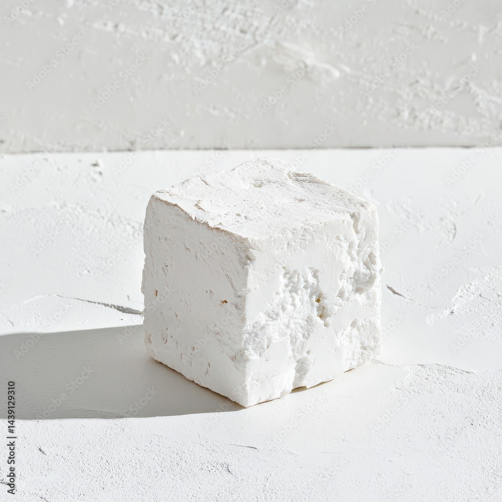 Aufkleber single cube of feta cheese with crumbly surface on textured white surface under natural sunlight for