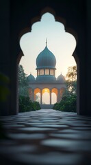 Mosque Dome Seen Through Archway at Sunrise with Cobblestone Path