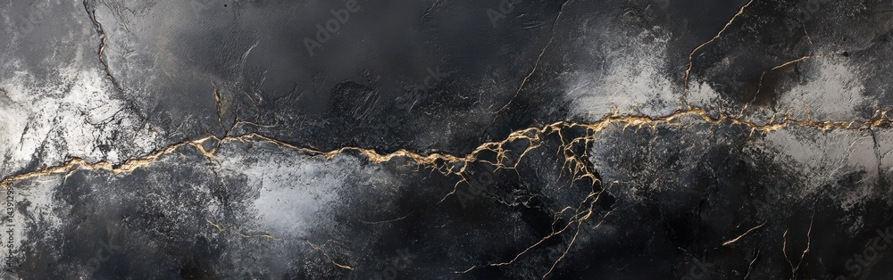 Poster cracked dark slate texture with gold veins - abstract stone surface with rough edges and metallic ac