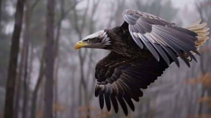 Fototapeta premium Eagle soars majestically, feathers detailed, blurred forest backdrop, 600mm lens, wildlife shot.