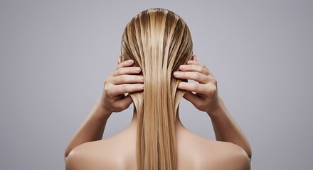Woman with Honey Blonde Hair Slicked Back with Shimmering Pearlescent Hair Mask with Hands Holding the Hair in a Soft Gradient Background