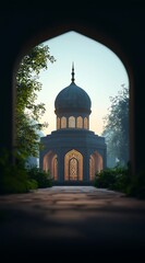 Ornate Dome Structure Seen Through Archway in a Lush Garden