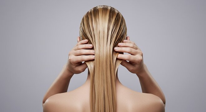 Woman with Honey Blonde Hair Slicked Back with Shimmering Pearlescent Hair Mask with Hands Holding the Hair in a Soft Gradient Background