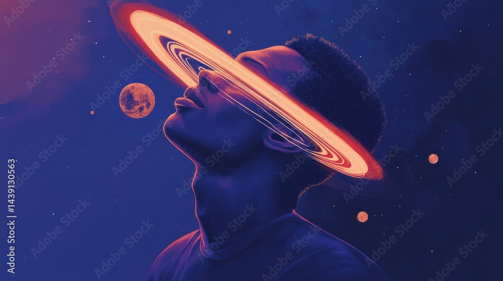 Poster man gazes toward a planet with rings intersecting his face in a dark blue celestial cosmos dreamscap