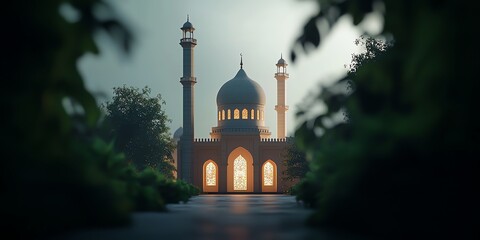 Majestic Mosque Illuminates Pathway Surrounded by Lush Greenery for Peaceful Reflection