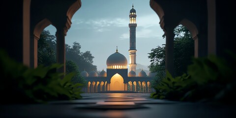 Serene Mosque View at Dusk with Glowing Lights and Stone Pathway