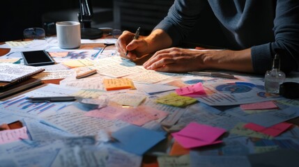 Fototapeta premium An investigative reporter focuses on checking sources and analyzing notes while working diligently on an evidence-based report amid a chaotic work environment