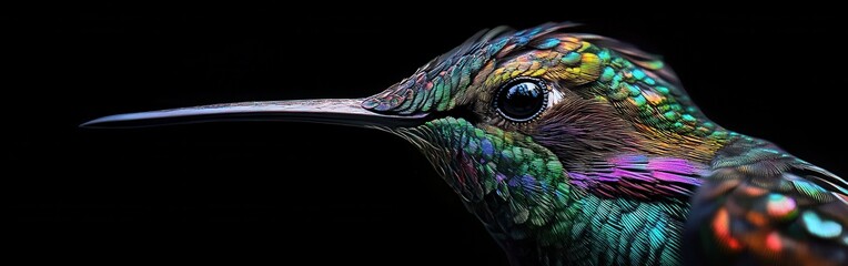 Vivid Close-Up of a Hummingbird's Iridescent Head and Beak Against a Black Background