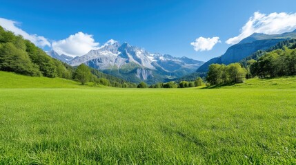 Obraz premium Lush green meadow with wildflowers in foreground, majestic snow-capped mountains in background, clear blue sky with scattered clouds, and serene nature landscape.