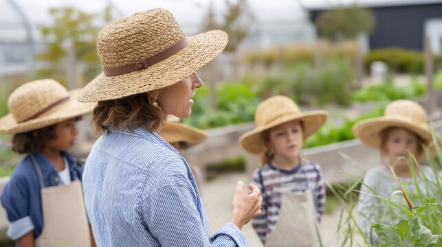 A teacher explains crop rotation to attentive children wearing straw hats in an outdoor classroom. They are surrounded by a variety of thriving vegetables