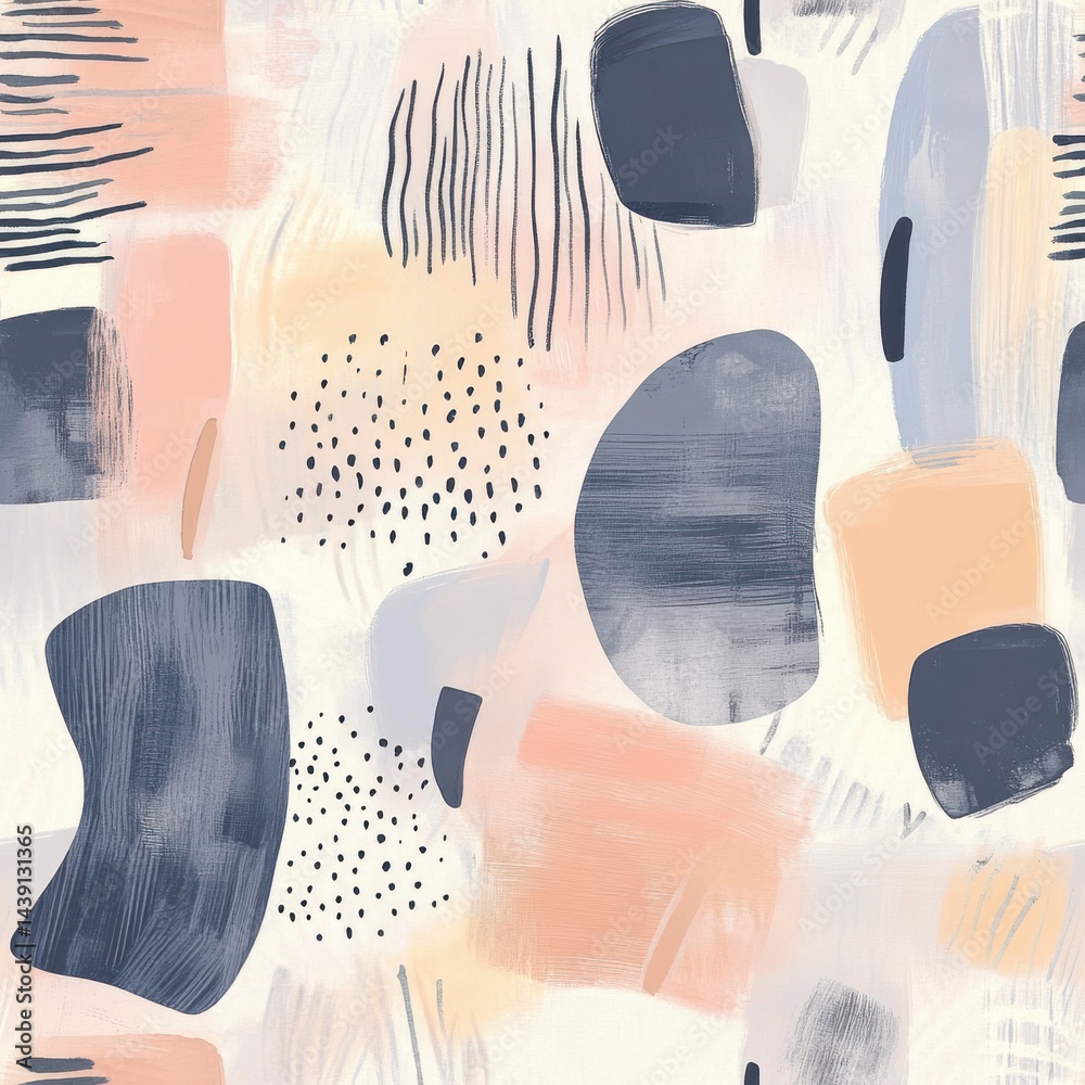 Poster abstract painting seamless pattern featuring brush strokes, shapes, dots in pastel pink and navy blu