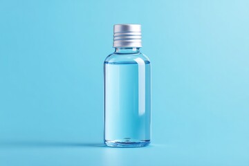 Fototapeta premium single bottle of hand sanitizer standing upright on smooth solid color background