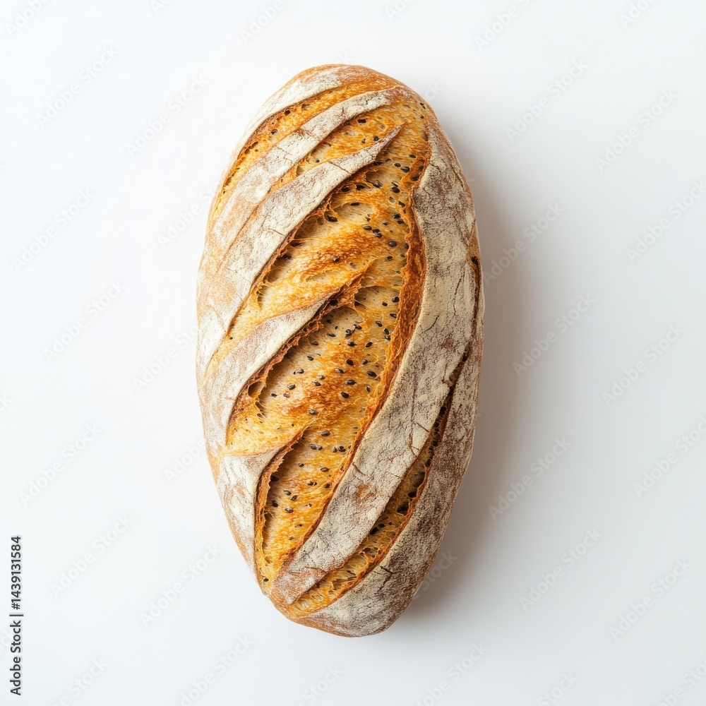 Poster Rustic Loaf: Freshly Baked Multigrain Bread with Scoring on a White Surface for Culinary and Baking Concepts