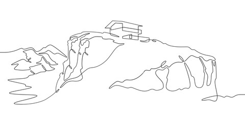 Continuous one line drawing house on a cliff.Modern house on top of a mountain.Building on a hillside.One continuous line isolated minimal illustration.Not AI.