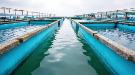 Large aquaculture tanks are filled with live fish, prepared for harvest in an outdoor facility. The scene highlights the clarity of water and natural surroundings