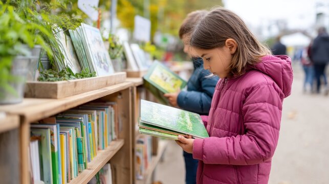 Two children explore storybooks at an outdoor library shelf set in a community garden, sharing their excitement and curiosity about the titles available
