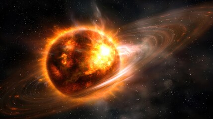 Fototapeta premium Explosive cosmic event featuring a fiery planet surrounded by glowing rings in deep space
