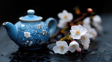 Elegant blue teapot with delicate cherry blossoms
