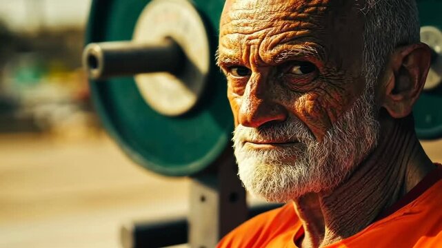 Determined senior lifter engages in outdoor weight training under sunlight