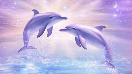 Obraz premium Two playful dolphins leap joyfully in sparkling water under a magical purple sky filled with soft light and waves.