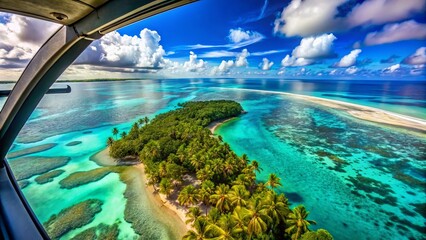 Fototapeta premium A Breathtaking Aerial View of a Tropical Island Paradise from a Helicopter Window, Showcasing Lush Greenery, Pristine Beaches, and Vibrant Turquoise Waters