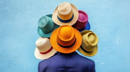 An employee wearing multiple hats, symbolizing diverse skill sets in the workplace