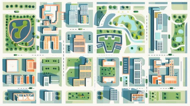 Flat design downtown map with simplified building blocks, geometric park spaces, clean layout with blur effect.