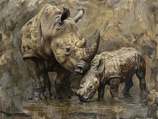 Obraz premium Mother and Calf Rhinoceros