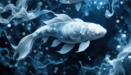 The image shows fish with scale patterns, flowing lines, and blurry circles.