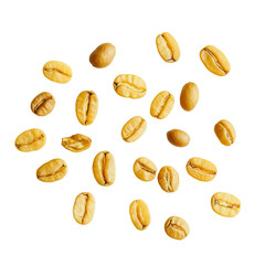 Obraz premium Freshly harvested yellow coffee beans scattered on a clean transparent background in a bright kitchen setting, yellow coffee beans on transparent background