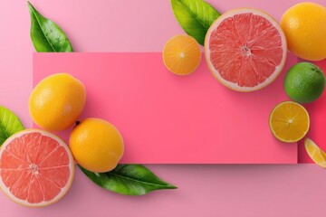 A creative business card concept showcases a summer theme with fresh organic citrus fruits like lemons, grapefruits, and limes arranged on a pink background