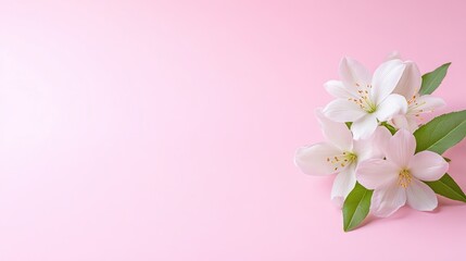 Fototapeta premium White Blossoms Green Leaves Soft Minimalist Style High-Resolution Soft Lighting Horizontal Close-up Shot Delicate Spring Flowers Pink Background Pastel Hues Ideal for Greeting Cards