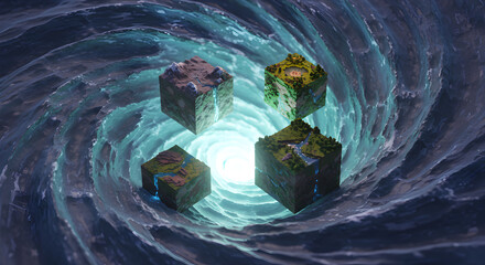 Abstract World Cubes Floating In Dimensional Portal With Swirling Water