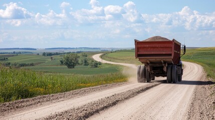 Naklejka premium A dump trailer hauling gravel along a dirt road