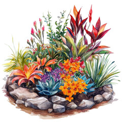 Obraz premium Colorful tropical garden arrangement with vibrant flowers and greenery in natural stone border during sunny day