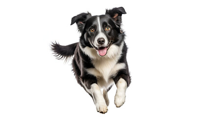 Black and white border collie jumping, isolated on white, transparent background. Portret of purebred dog, australian shepherd, pet.