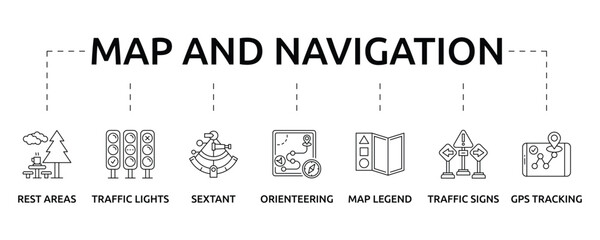 map and navigation banner with icon and keywords