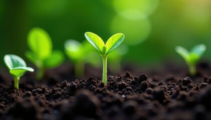 Fototapeta premium Vibrant green sprouts emerge from dark, fertile soil, surrounded by gardening tools , natural, ground