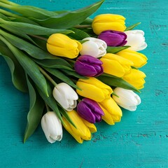 Obraz premium Bouquet of colorful tulips (yellow, white, purple) with green leaves on a textured turquoise surface. Spring floral arrangement.