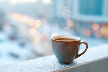 Fototapeta premium A glass cup filled with a hot drink steams gently on a balcony, surrounded by fresh snow and the soft glow of bokeh lights from the city in winter