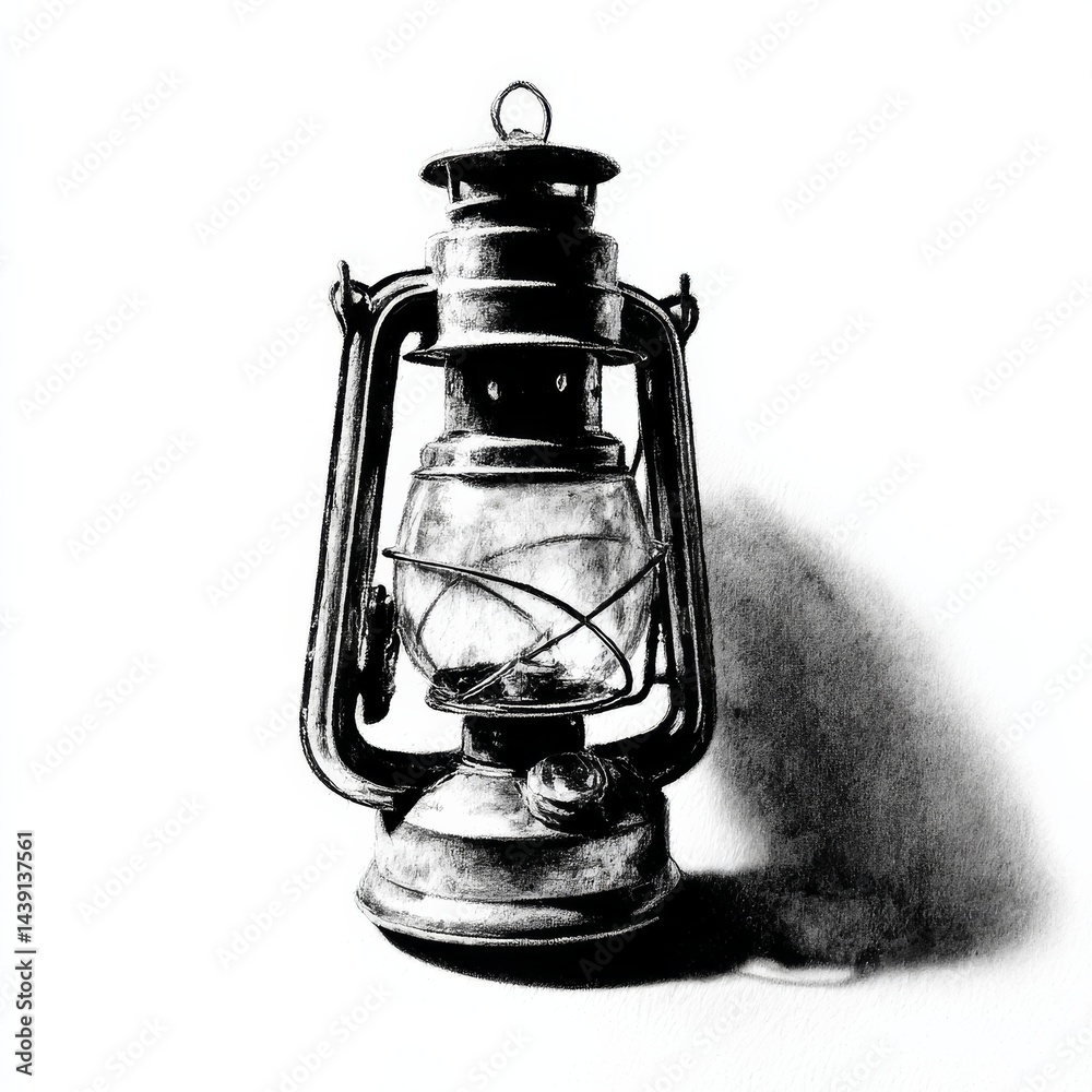 Poster Vintage Kerosene Lantern in Monochrome: A Timeless Source of Light and Illumination on a White Background