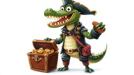 Happy pirate crocodile holding gold.