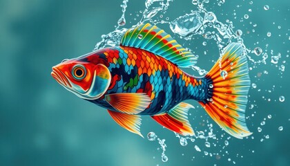 Fototapeta premium The image depicts a vibrant fish surrounded by splashing water. The fish displays a captivating pattern of colors.